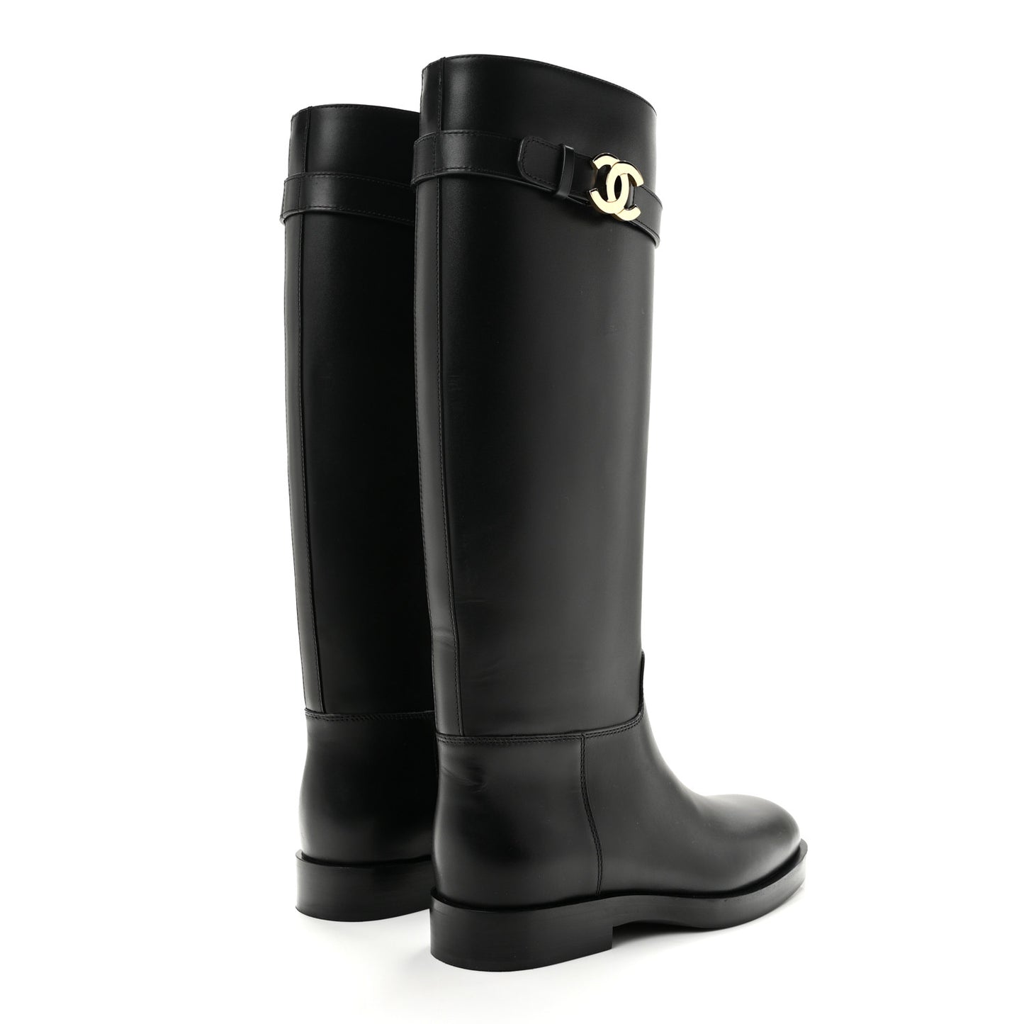 Calfskin CC Buckle High Boots 38 Black