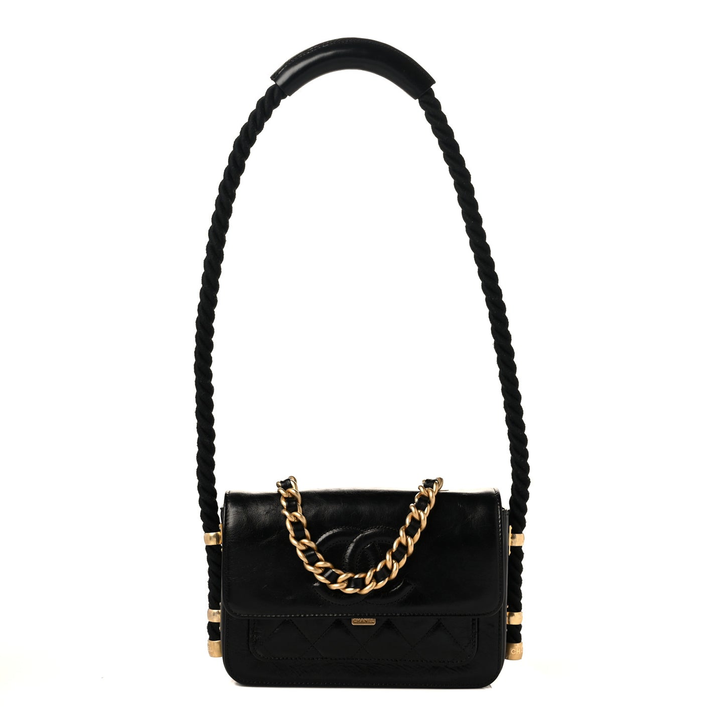 Crumpled Calfskin En Vogue Rope Flap Black