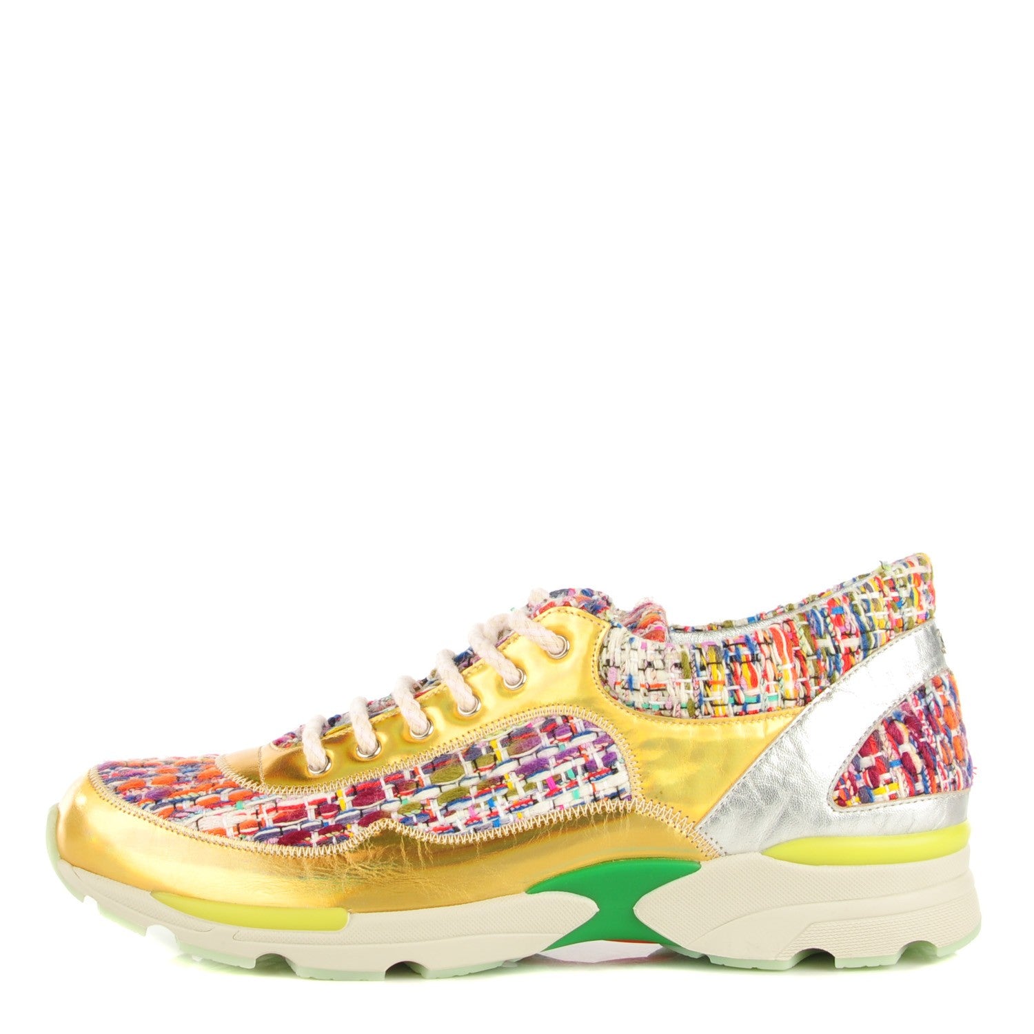 Chanel Tweed Lambskin Runway Sneakers 39.5 Gold 1 of 8