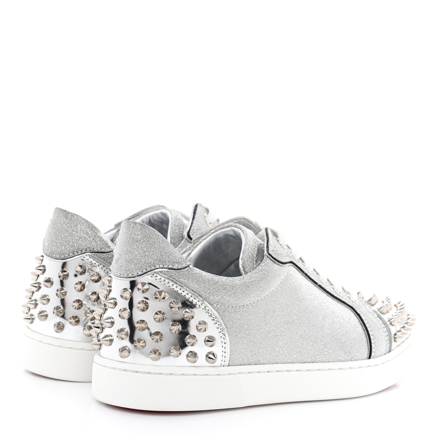 Christian Louboutin Glitter Metallic Calfskin Spikes Vieira 2 Flat Sneakers 37 Silver 4 of 10