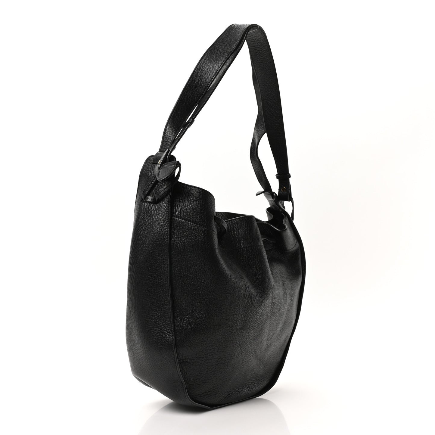 Grained Calfskin Drawstring Bucket Bag Black