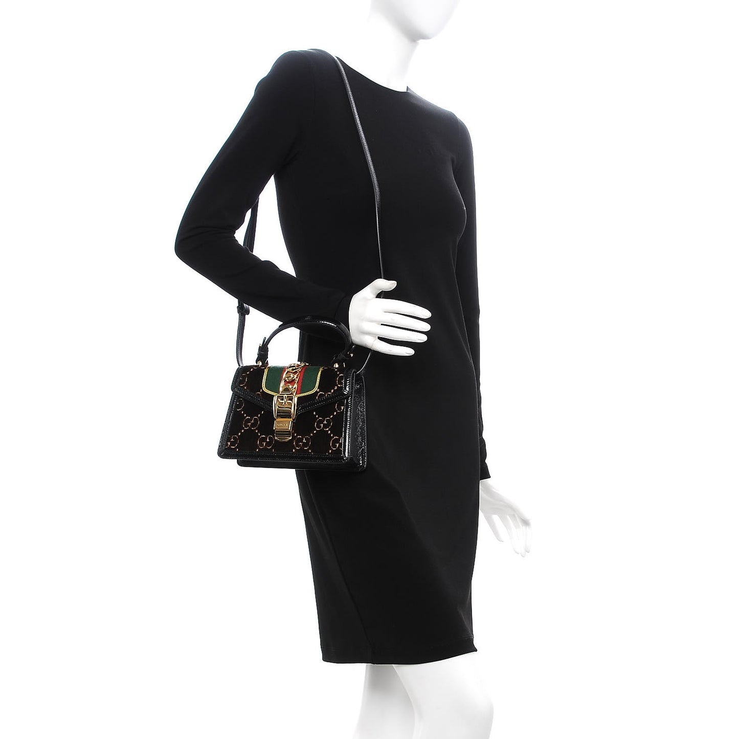 Velvet GG Monogram Web Mini Sylvie Top Handle Bag Brown Black Oro Vecchio