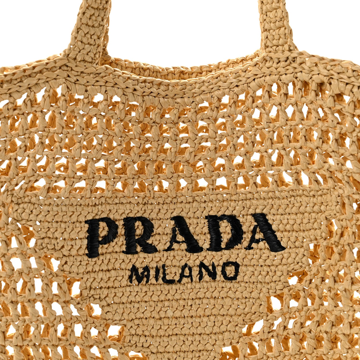 Prada Yarn Raffia Effect Crochet Logo Embroidered Tote Bag Naturale 7 of 10