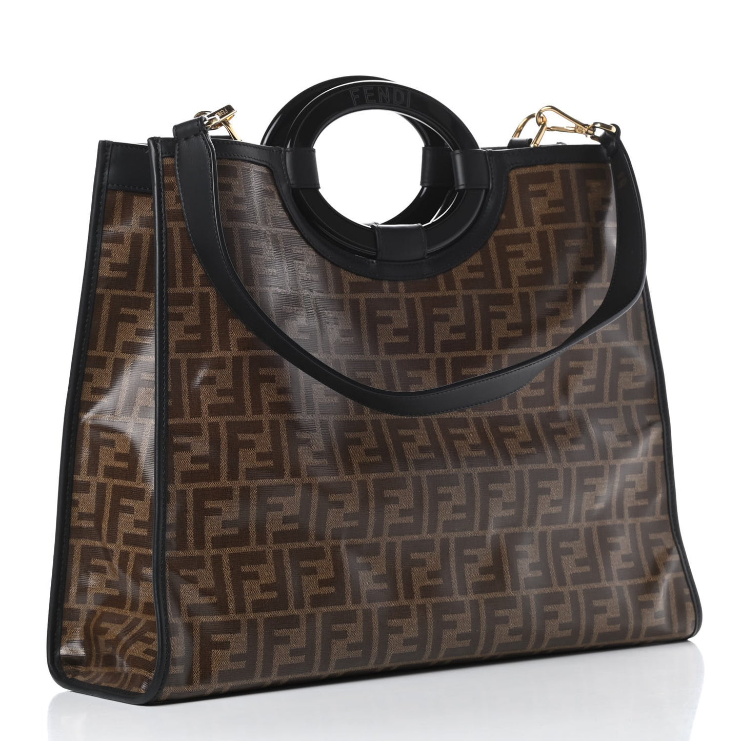 Glazed Fabric Vitello Century Plexiglass FF 1974 Stamp Patch Medium Runaway Shopper Tote Mogano Panna Black