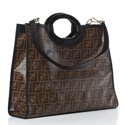 Fendi Glazed Fabric Vitello Century Plexiglass FF 1974 Stamp Patch Medium Runaway Shopper Tote Mogano Panna Black 3 of 10