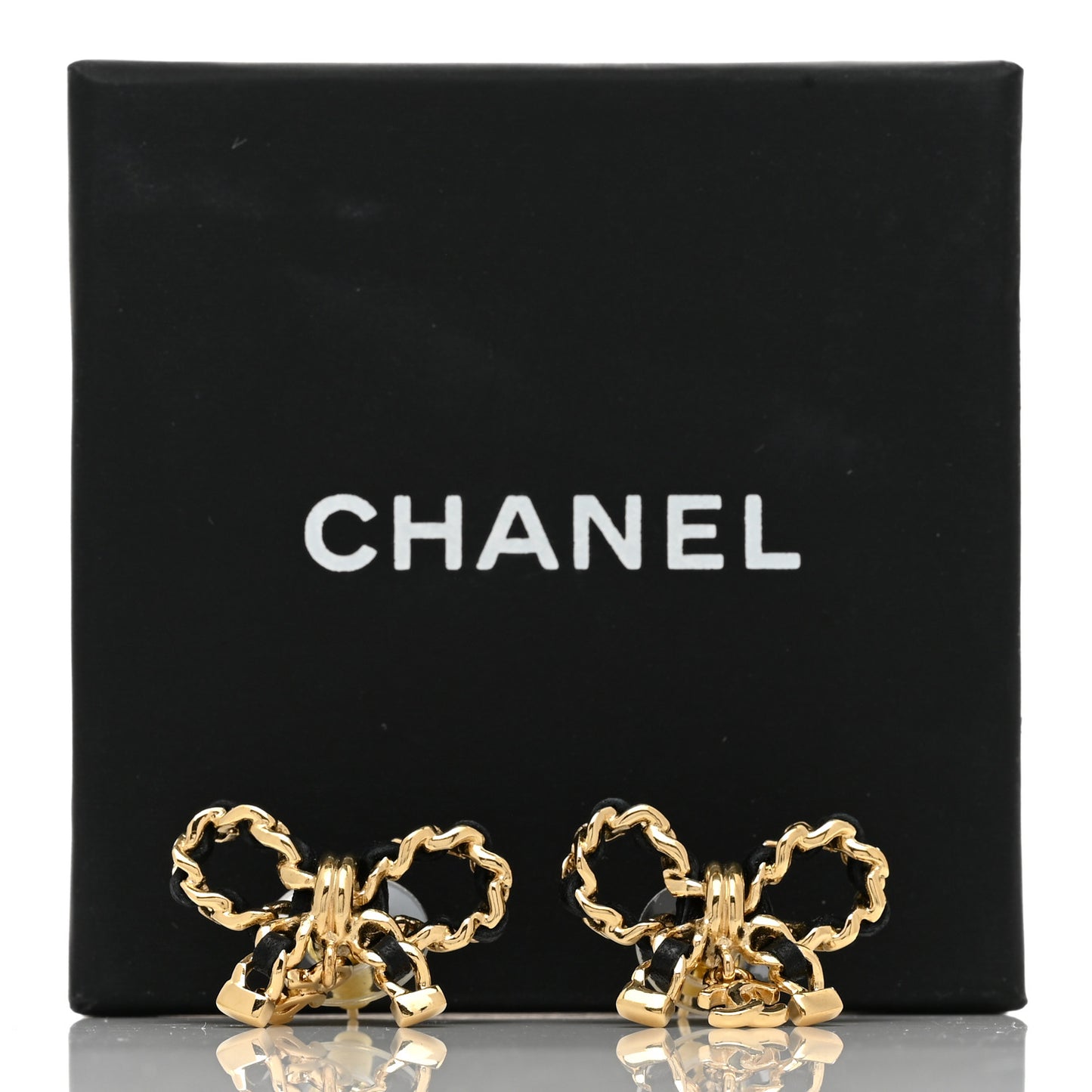 Lambskin Chain Bow Stud Earrings Black Gold