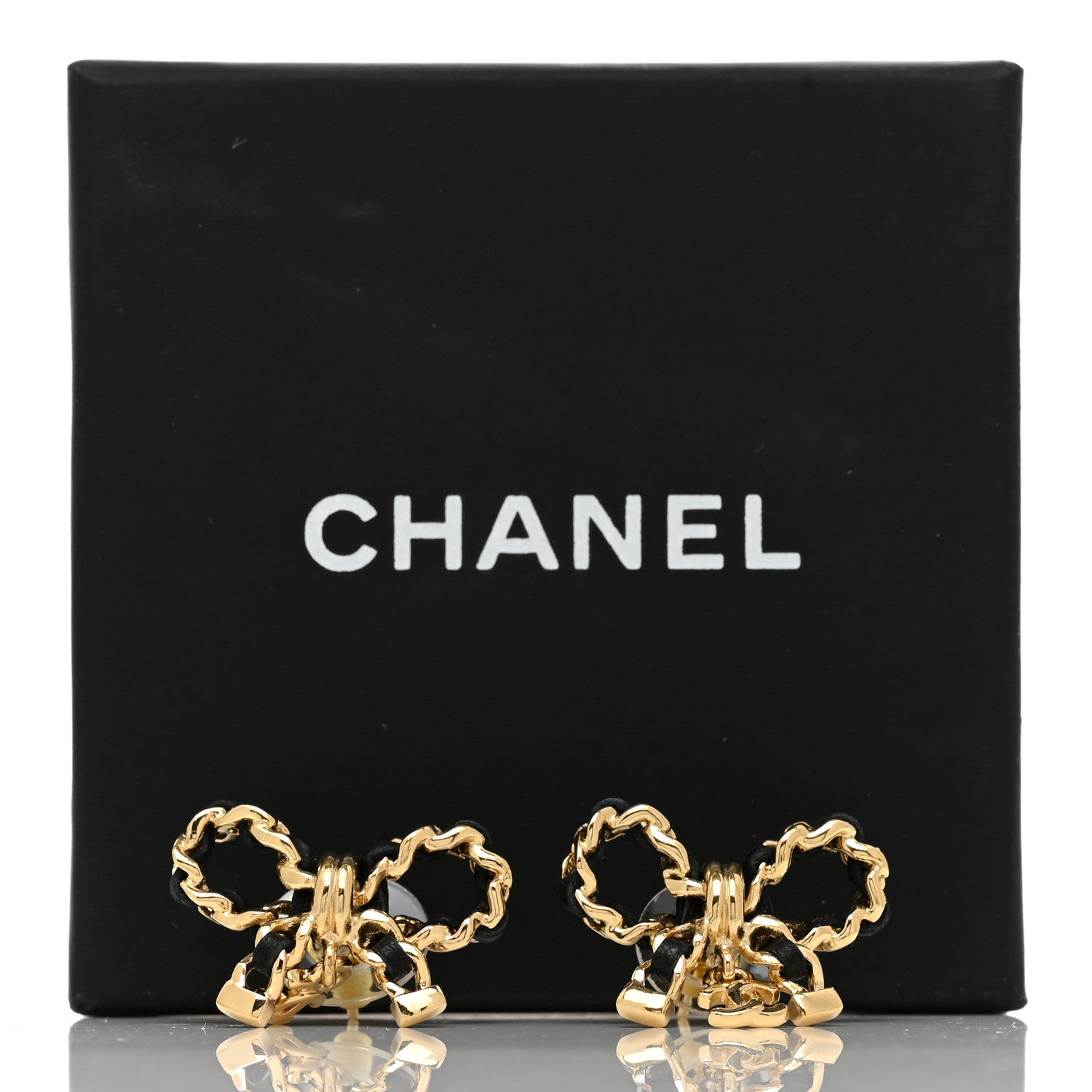 Chanel Lambskin Chain Bow Stud Earrings Black Gold 5 of 5