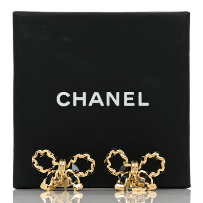 Chanel Lambskin Chain Bow Stud Earrings Black Gold 5 of 5