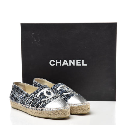 Chanel Metallic Tweed Lambskin CC Espadrilles 36 Blue Black Silver 11 of 11