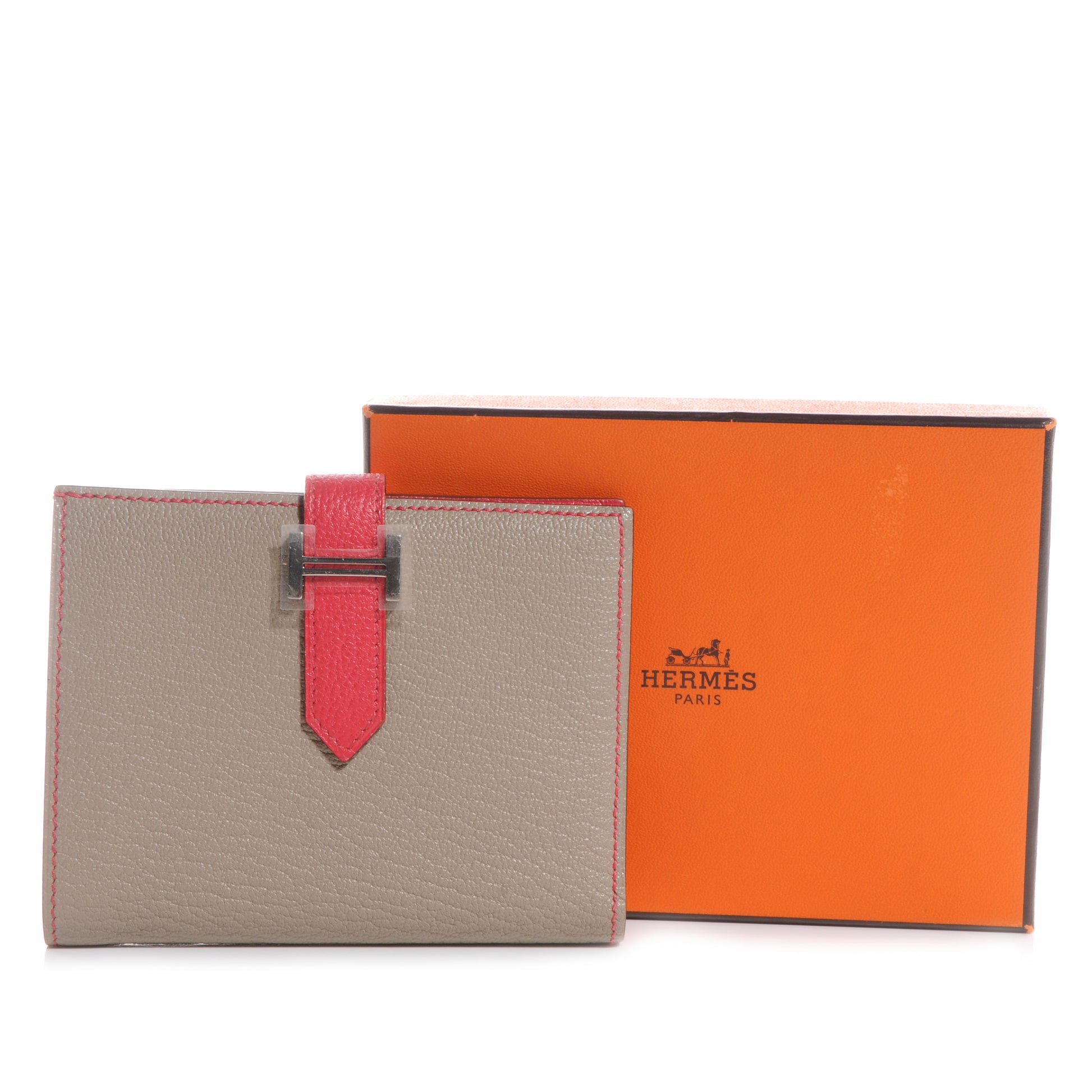 Hermes Chevre Mysore Bi-Color Compact Bearn Wallet Etoupe Bougainvillea 5 of 8