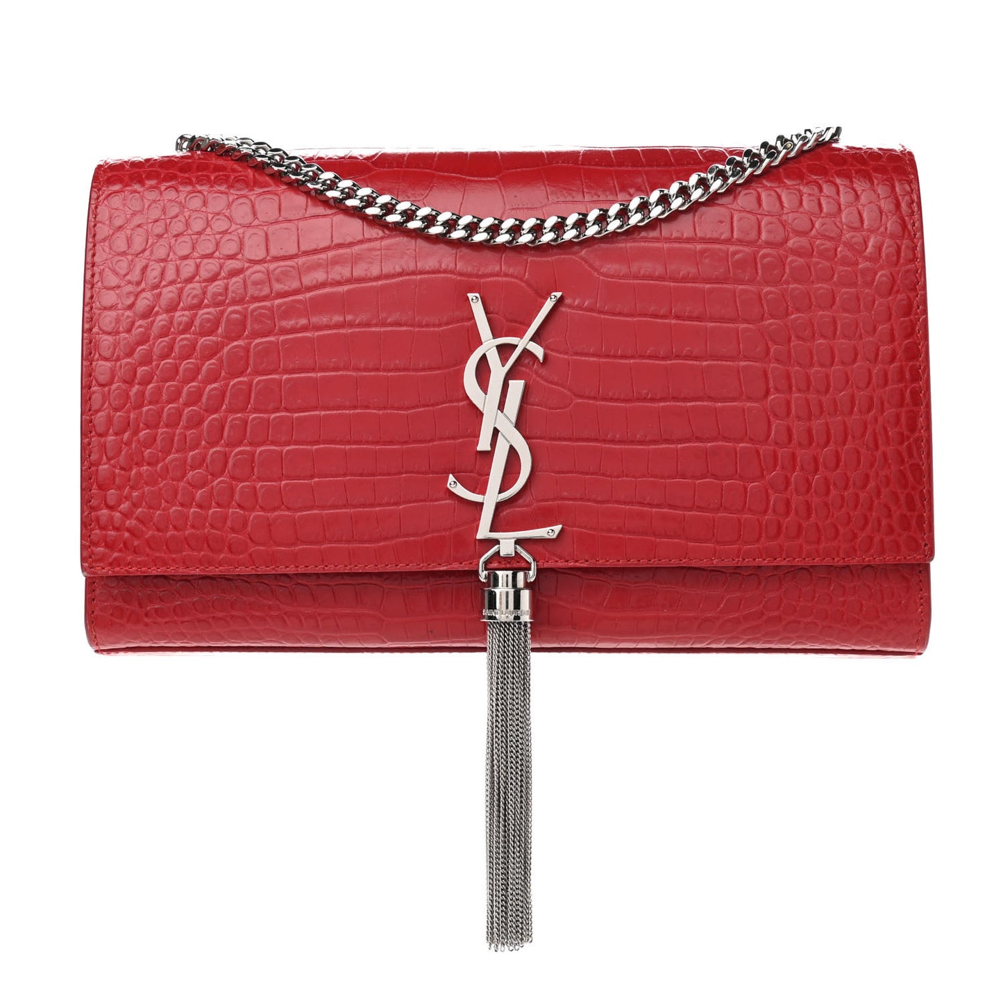 Calfskin Crocodile Embossed Medium Classic Monogram Kate Tassel Satchel Red