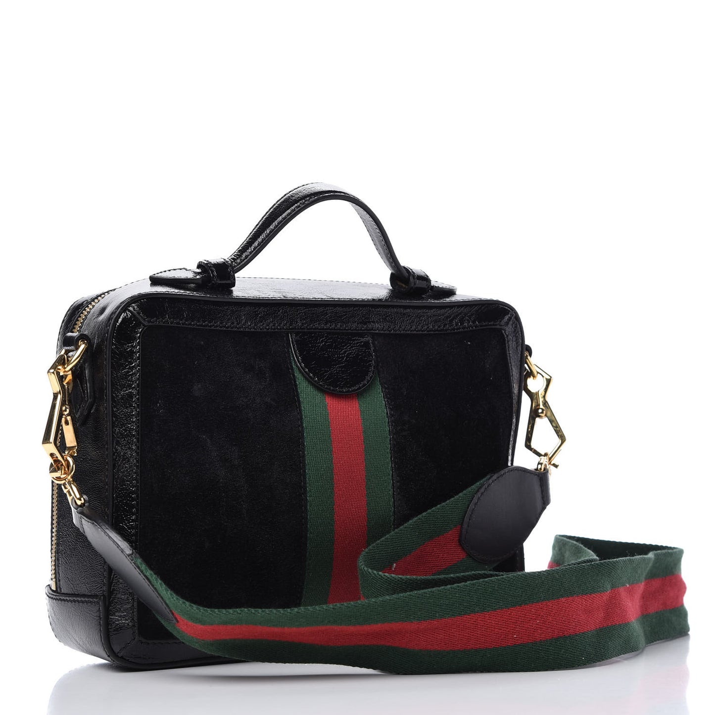 Suede Patent Web Small Ophidia Top Handle Shoulder Bag Black