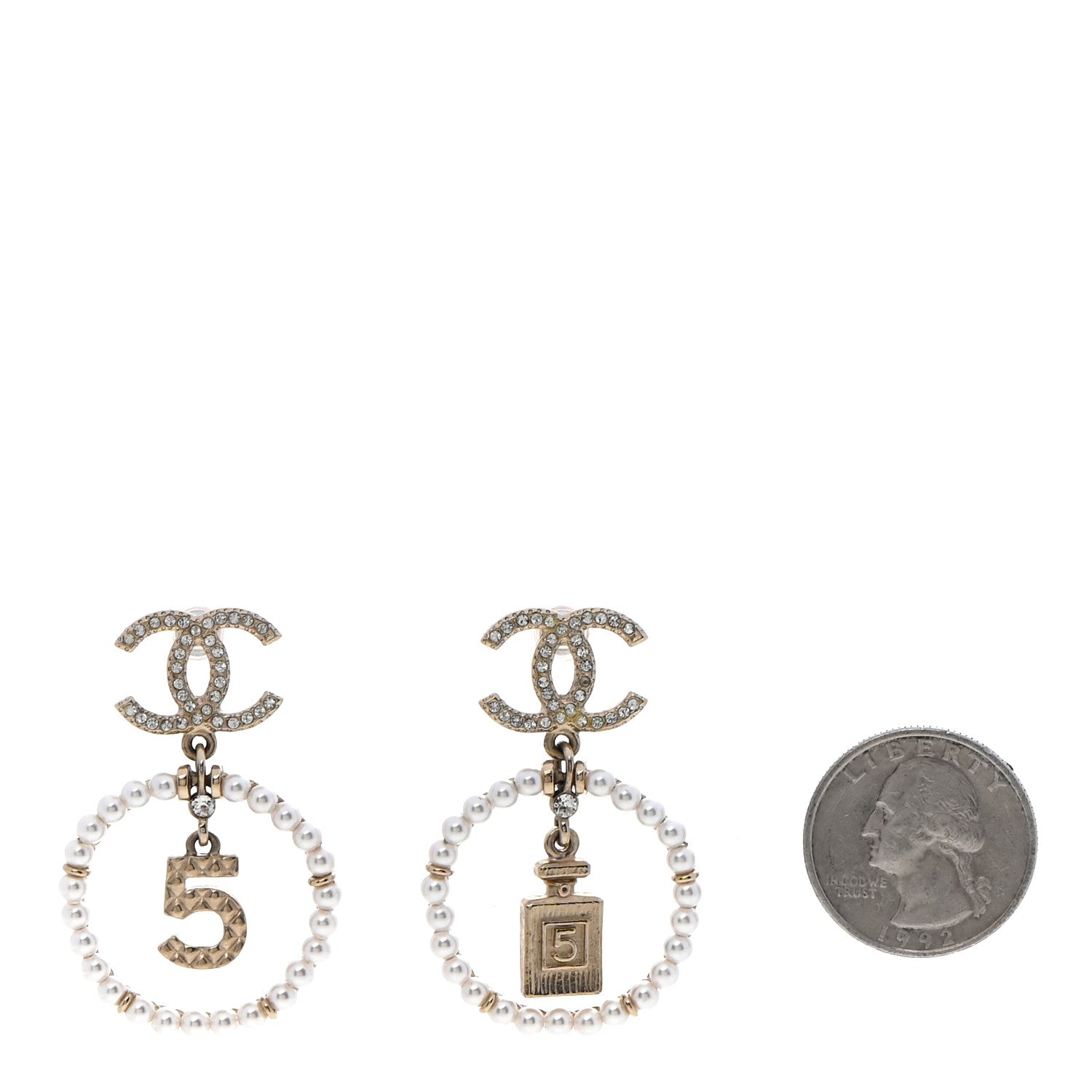 Chanel Crystal Pearl Chanel Charms CC Drop Earrings Gold 2 of 6