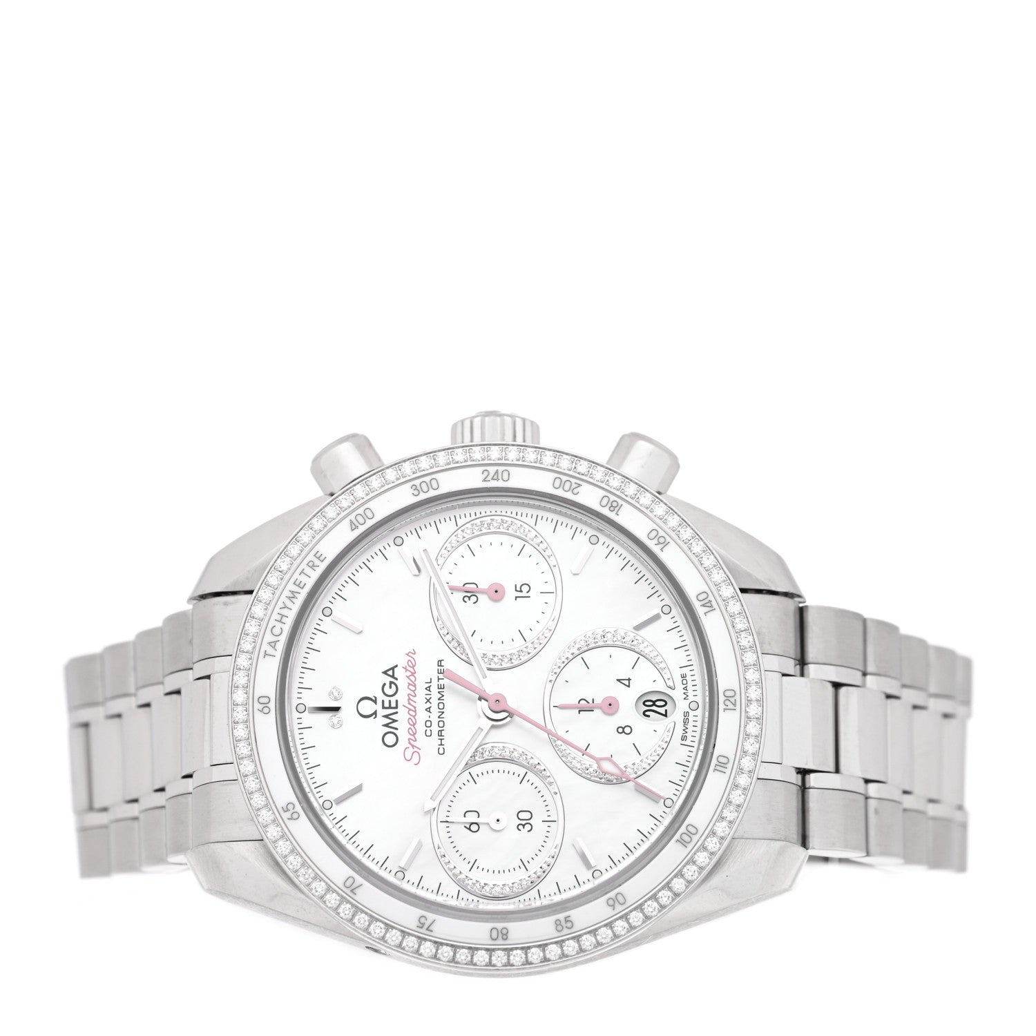 Omega Stainless Steel Diamond Bezel Mother of Pearl 38mm Speedmaster Chronograph Automatic Watch 324.38.38.50.55.001 2 of 5