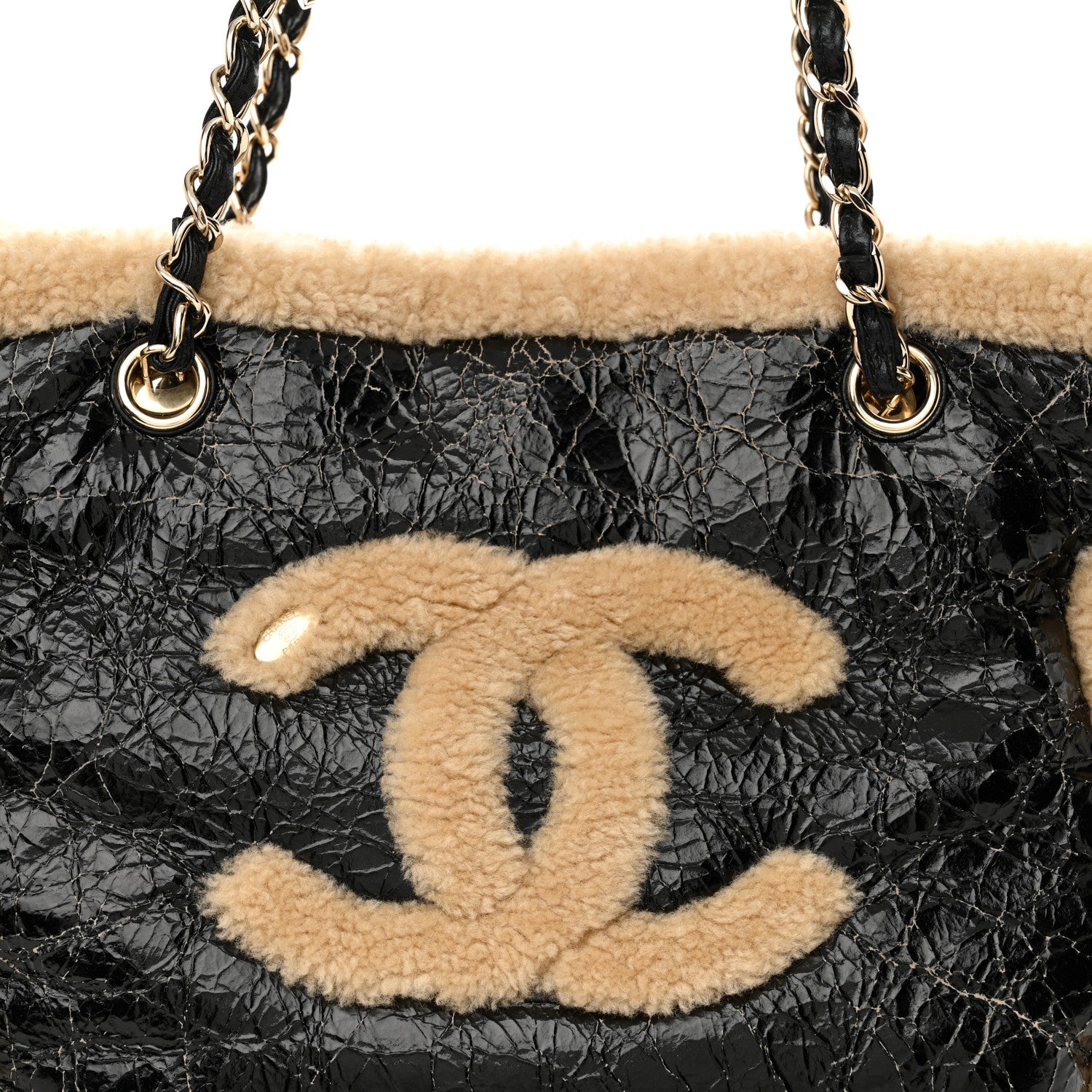 Chanel Shiny Crumpled Sheepskin Shearling CC Mania Tote Bag Black Beige 8 of 11