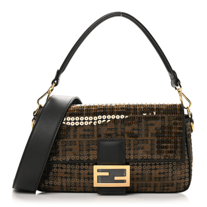 Fendi Fabric Jacquard Paillettes Vitello Seta FF 1974 Baguette Testa di Moro Real Ebano 1 of 10