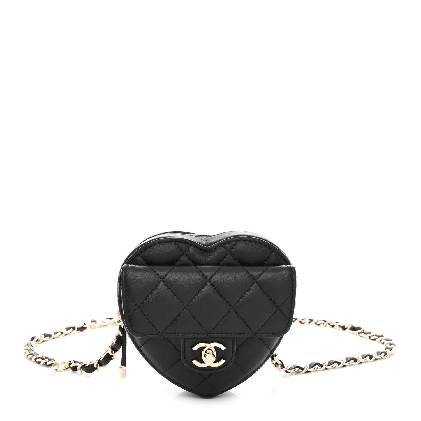 Lambskin Quilted CC In Love Heart Waist Belt Bag With Chain Black
