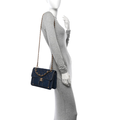 Chanel Denim Quilted Large Double You Flap Blue Golden 2 of 12