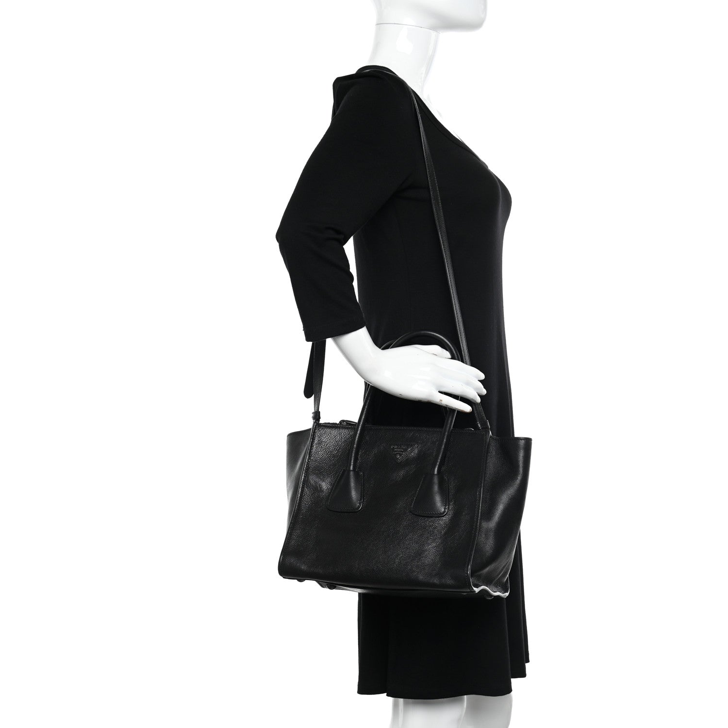 Prada Glace Calf Small Twin Pocket Tote Black 2 of 12