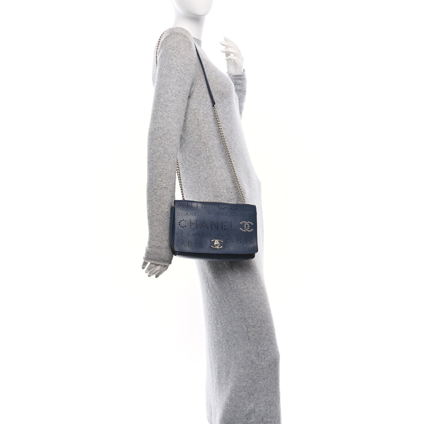 Calfskin Tweed Eyelet Flap Bag Navy