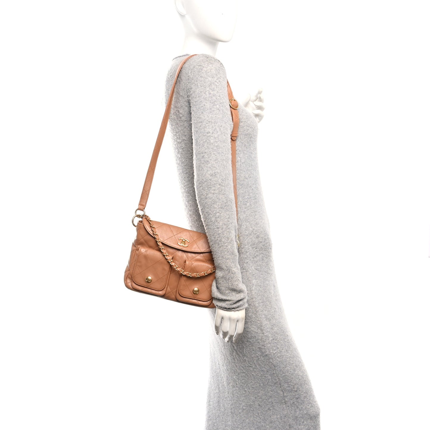 Shiny Calfskin Quilted Small Supple Twins Hobo Bag Brown