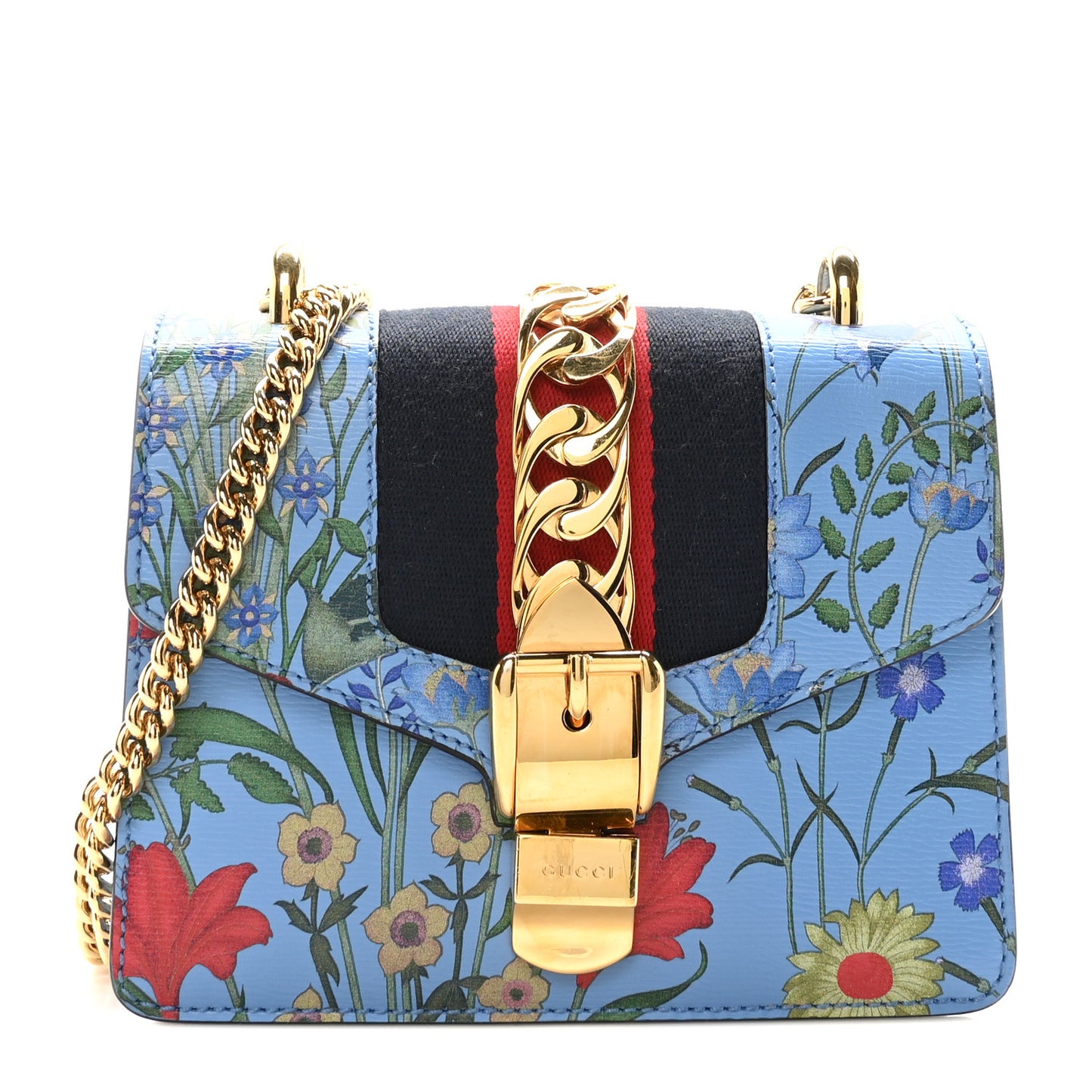 Shangai Calfskin Web New Flora Mini Sylvie Chain Shoulder Bag Azure