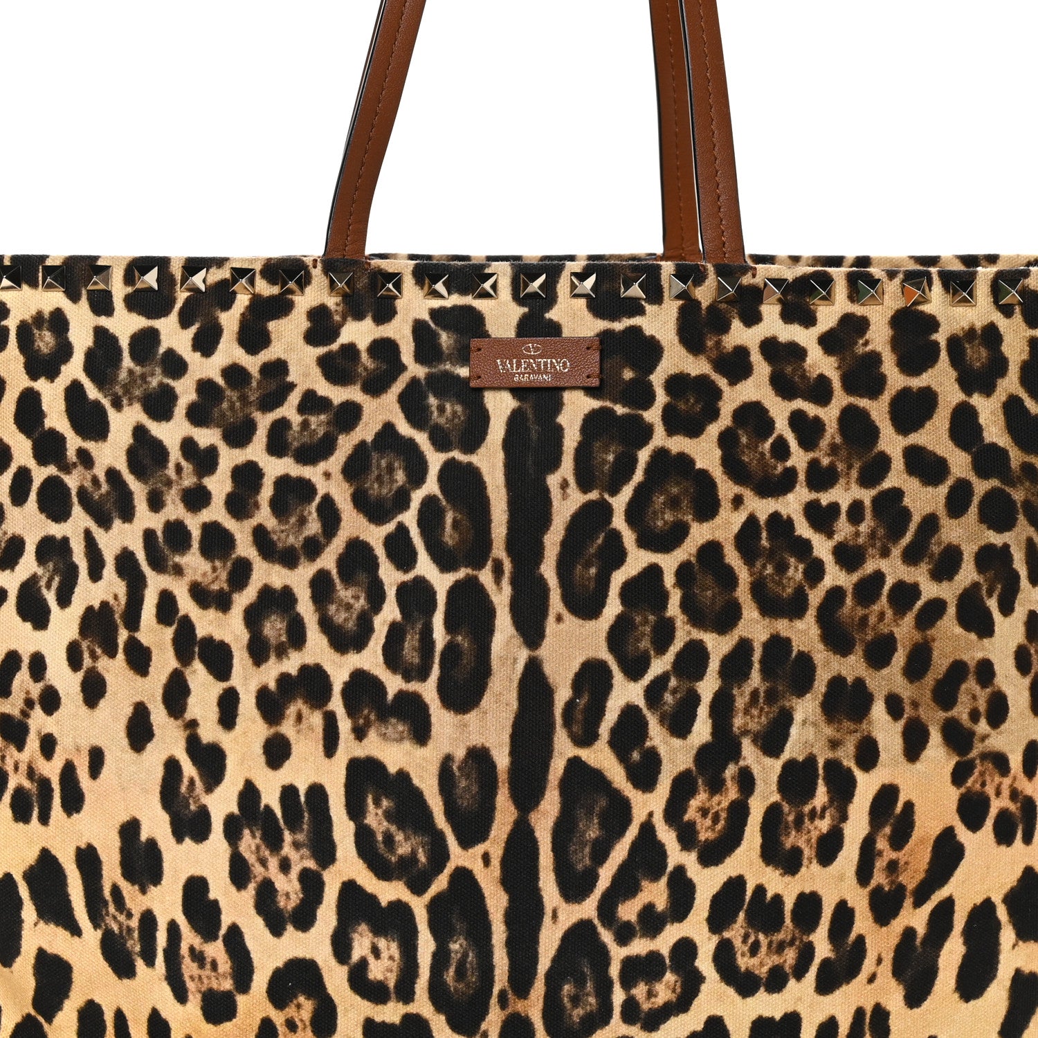 Valentino Garavani VALENTINO GARAVANI Canvas Nappa Leopard Print Rockstud Tote Brown 7 of 10