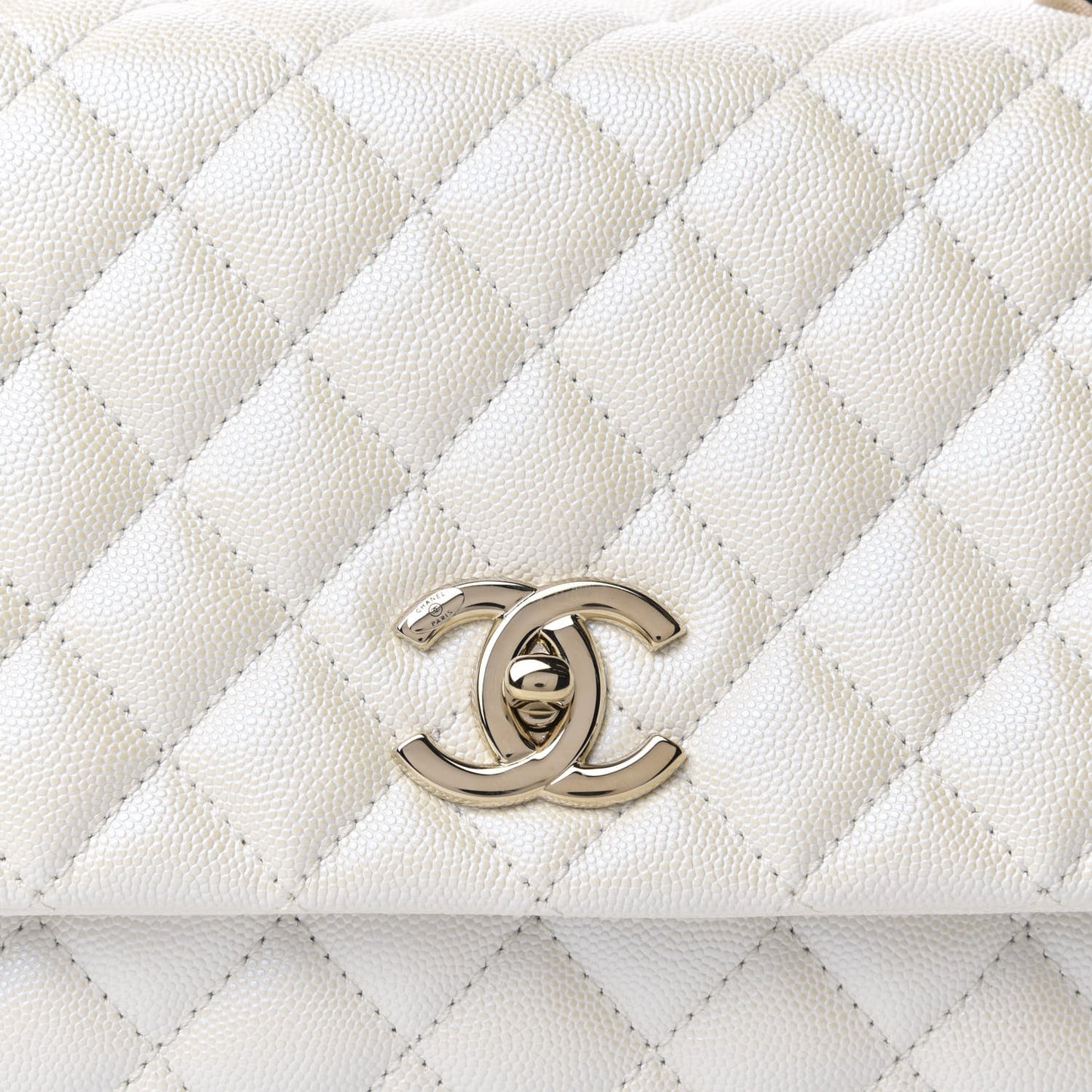 Iridescent Caviar Quilted Small Coco Handle Flap White