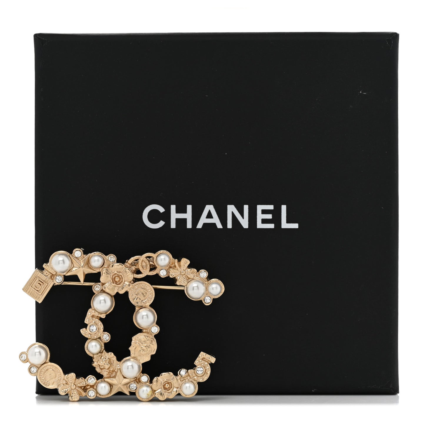 Crystal Pearl CC Charms Brooch Gold