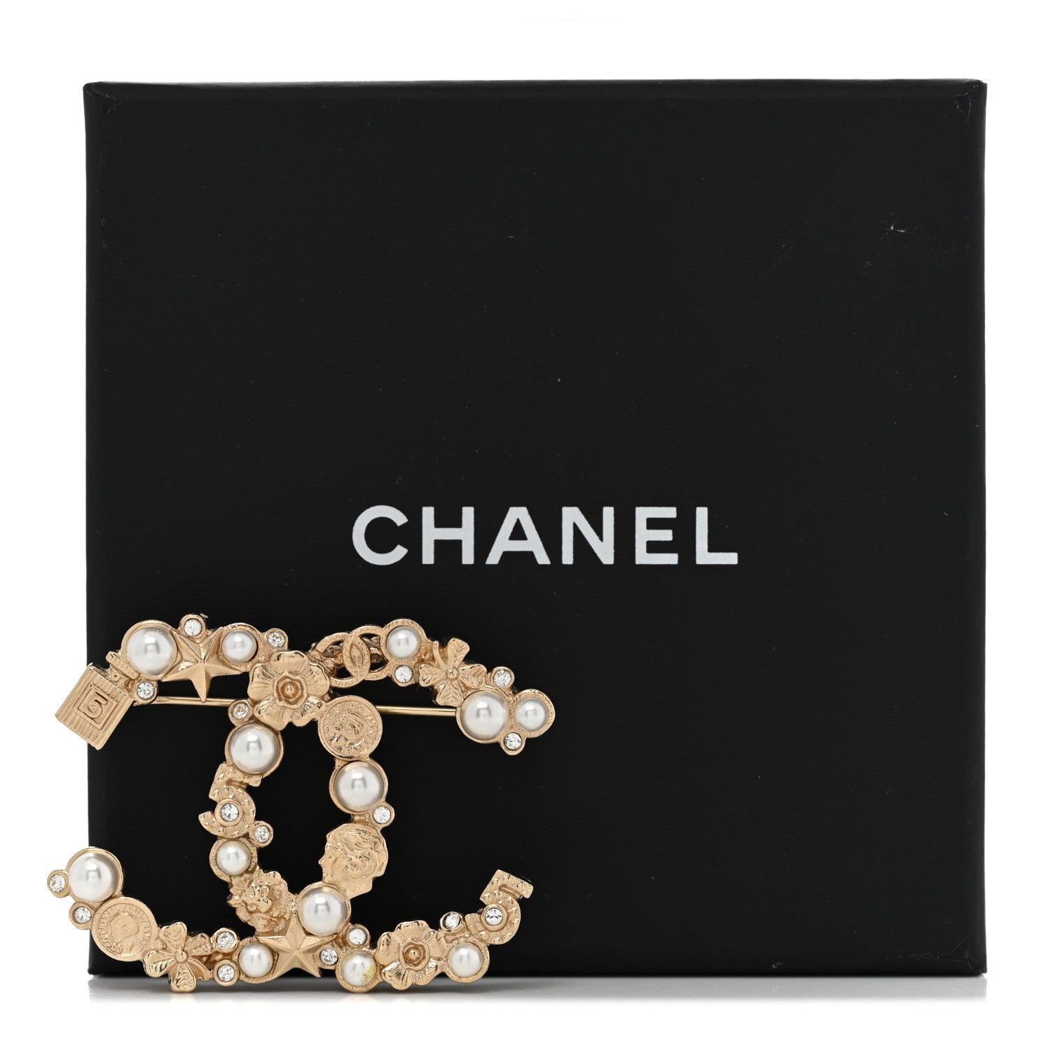 Chanel Crystal Pearl CC Charms Brooch Gold 6 of 6