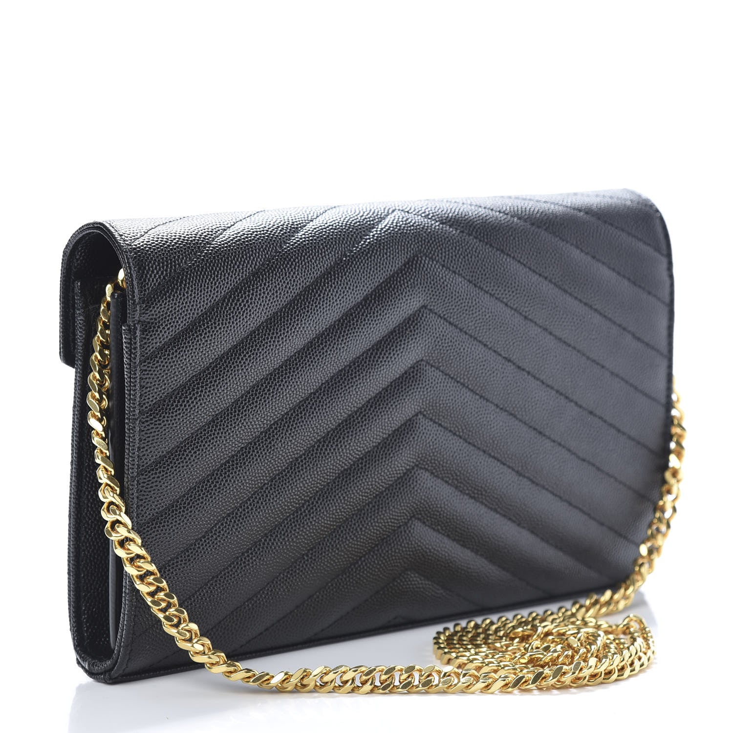 Saint Laurent Grain De Poudre Matelasse Chevron Monogram Chain Wallet Black 2 of 10