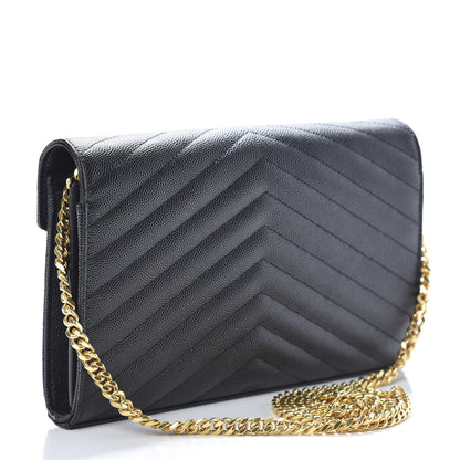 Saint Laurent Grain De Poudre Matelasse Chevron Monogram Chain Wallet Black 2 of 10