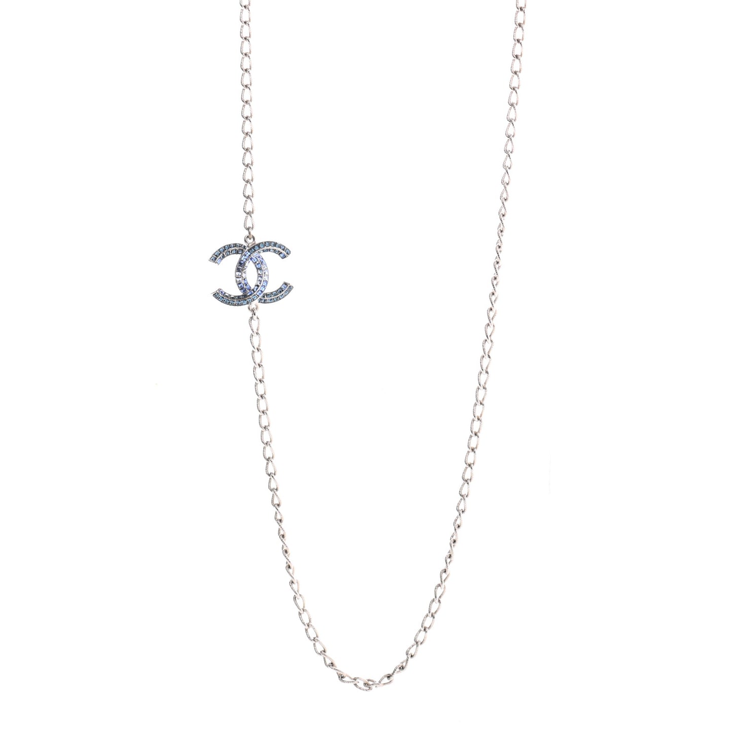 Crystal Baguette CC Double Strand Necklace Silver Blue