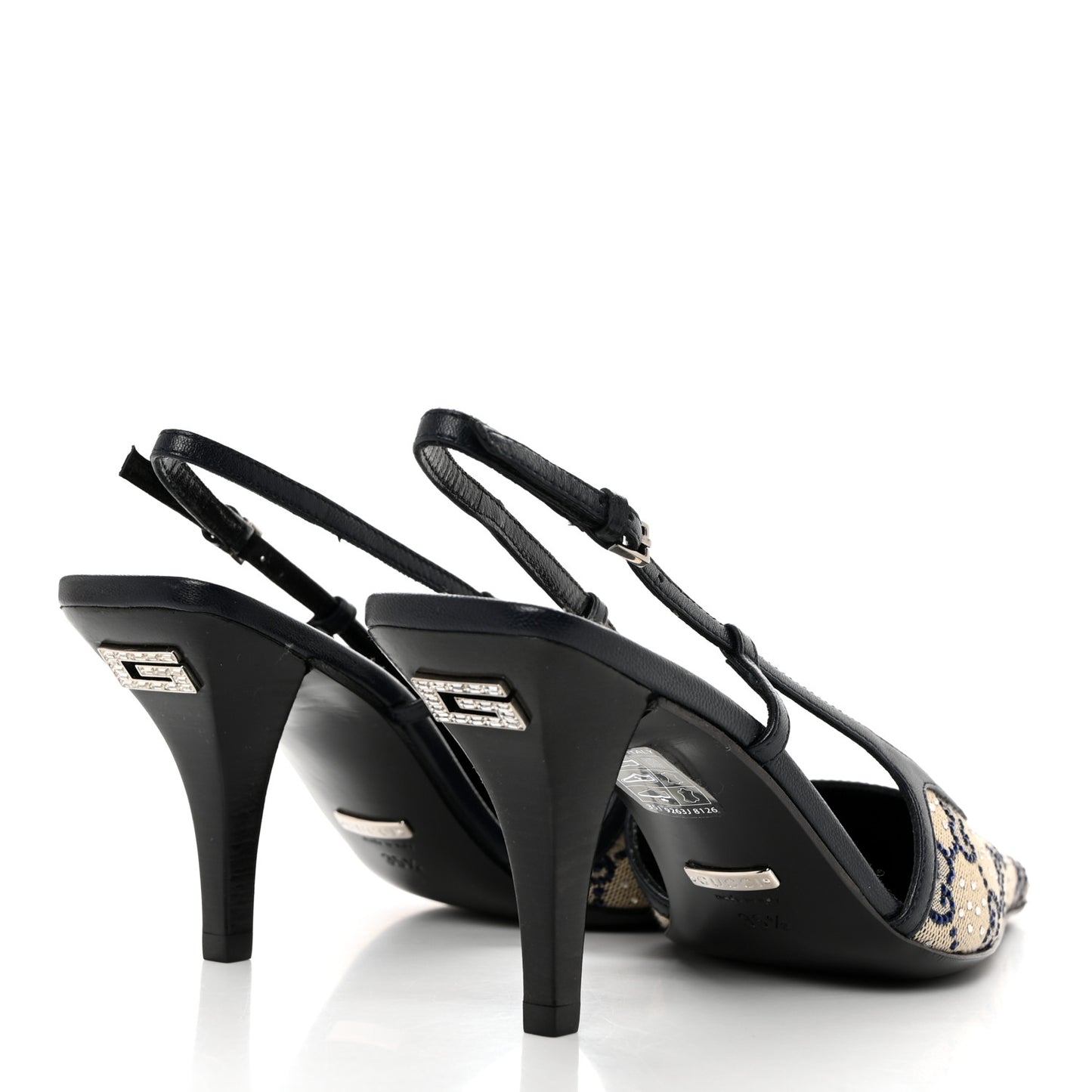 GG Monogram Malaga Kid Crystal Square G 75mm Slingback Pumps 35.5 Beige Blue