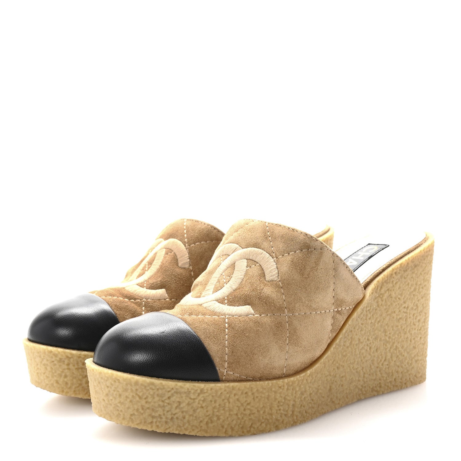 Chanel Suede Lambskin Quilted CC Mules 39 Black Beige 4 of 10