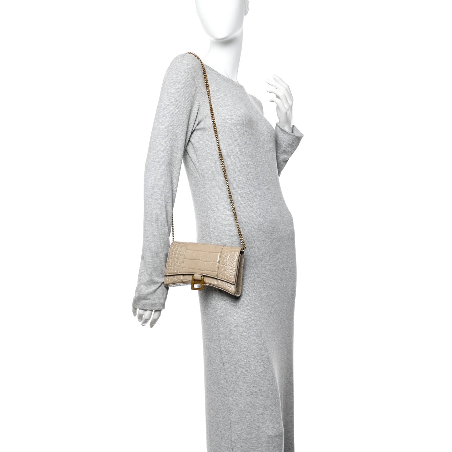 Shiny Calfskin Crocodile Embossed Hourglass Chain Bag Dark Beige