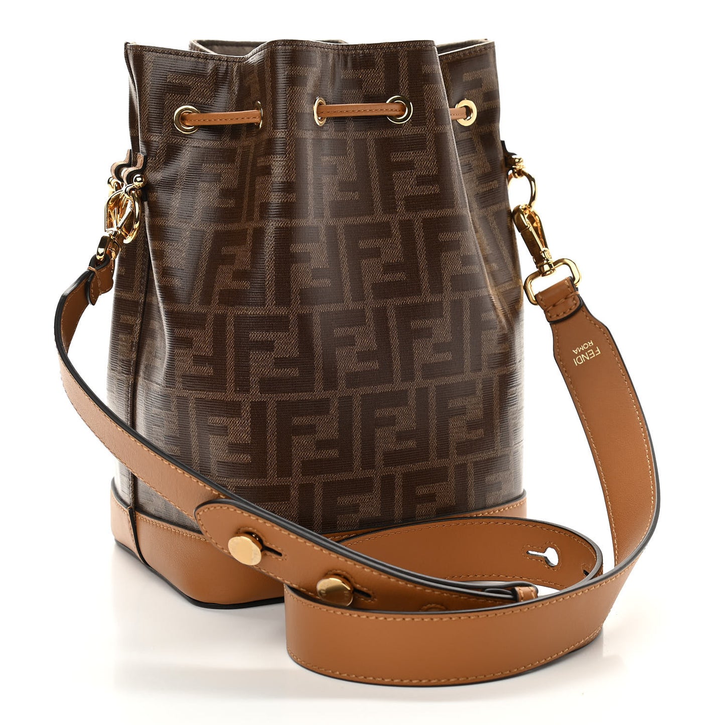 Glazed Fabric Vitello Grace F is Fendi FF 1974 Stamp Patch Grande Mon Tresor Bucket Bag Mogano Panna Nocciola