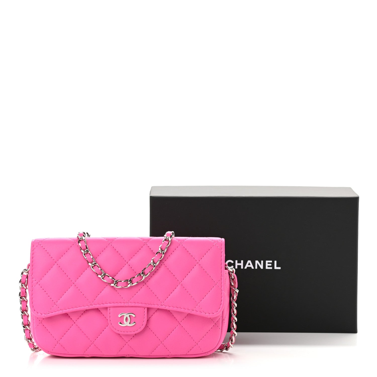 Chanel Lambskin Quilted Flap Phone Holder With Chain Neon Pink 13 of 14