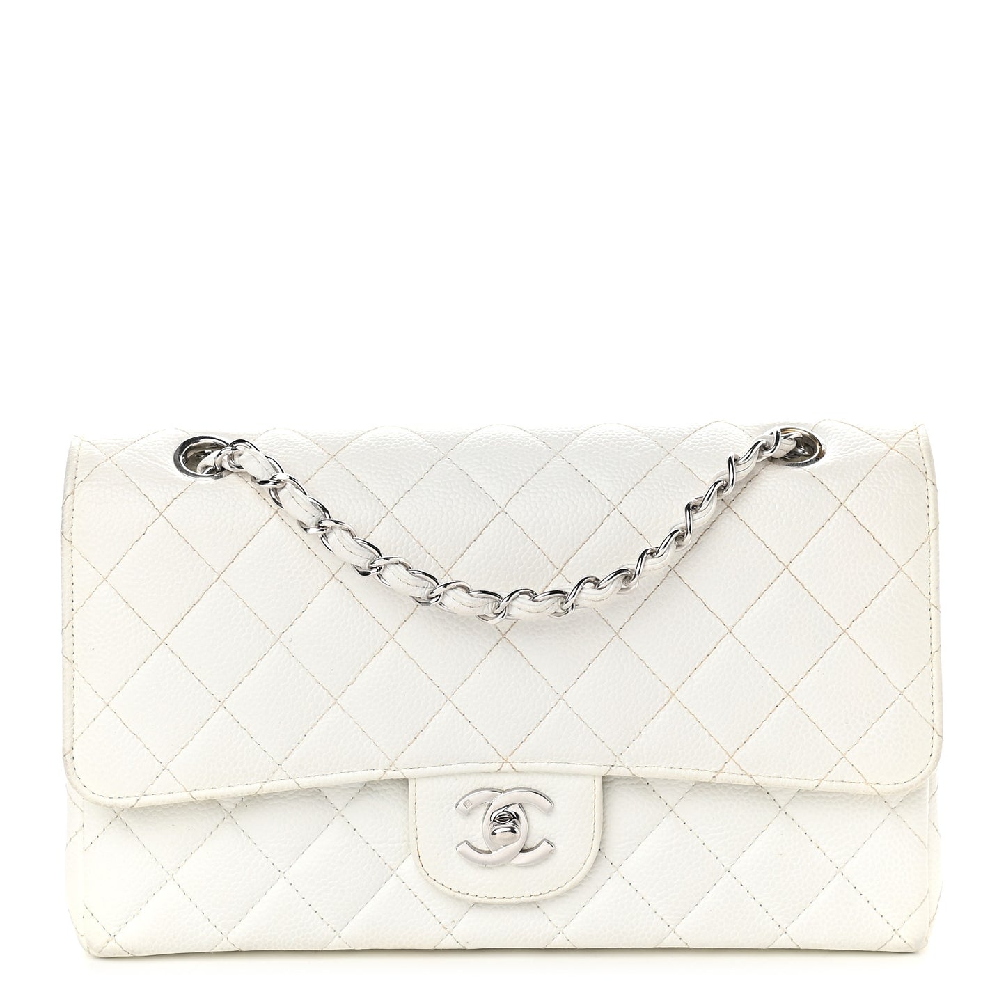 Caviar Quilted Medium Double Flap White