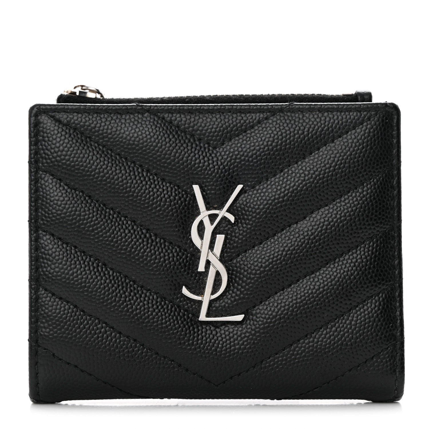 Saint Laurent Grain De Poudre Matelasse Chevron Monogram Zipped Card Case Black 1 of 10