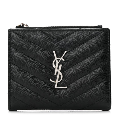 Saint Laurent Grain De Poudre Matelasse Chevron Monogram Zipped Card Case Black 1 of 10