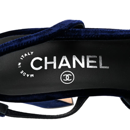 Chanel Velour Grosgrain Cap Toe CC Slingback Pumps 37.5 Blue Black 6 of 10