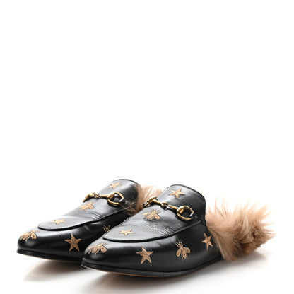 Gucci Goatskin Fur Bee Star Embroidered Womens Princetown Slippers 38.5 Black 3 of 10