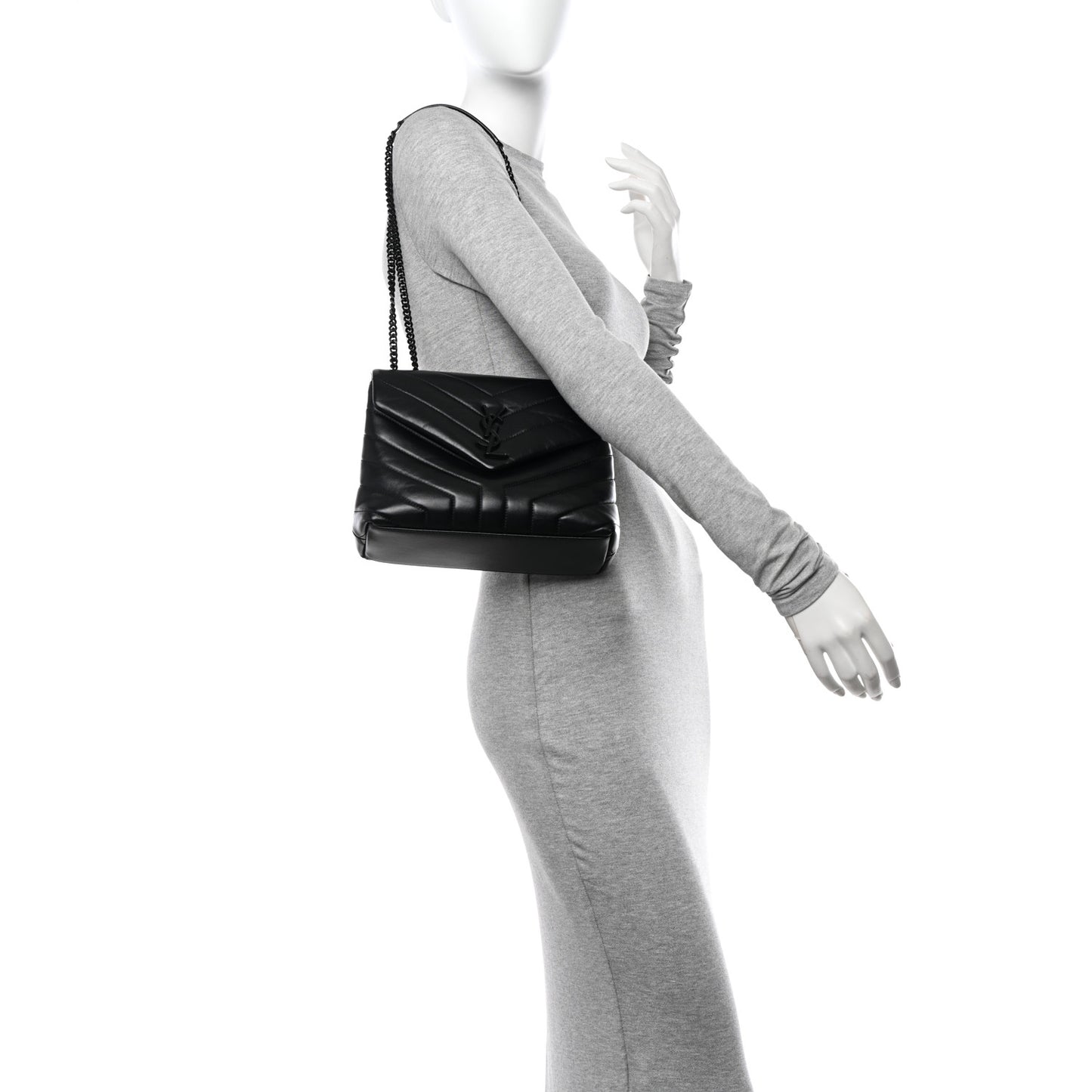 Calfskin Y Quilted Monogram Monochrome Small Loulou Chain Satchel Black