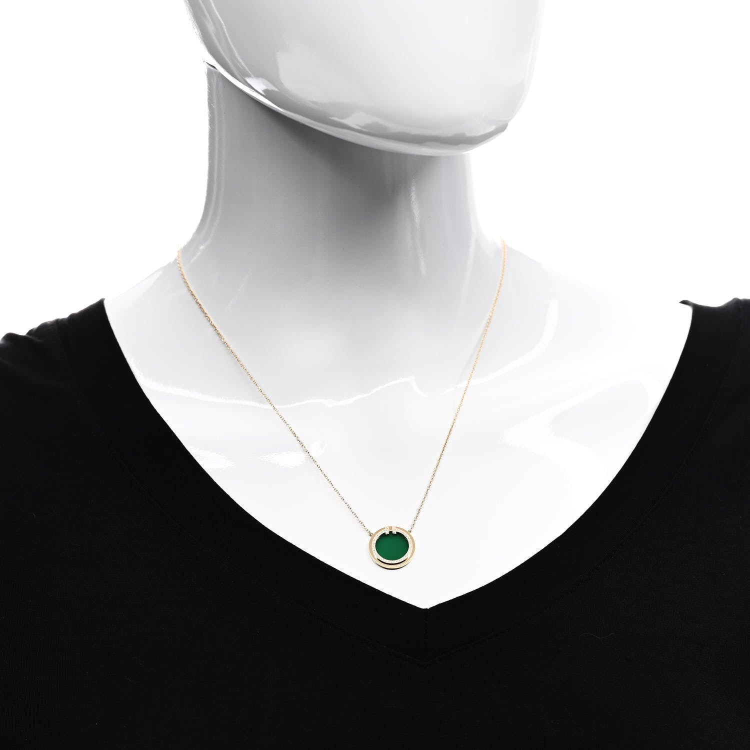 Tiffany 18K Yellow Gold Diamond Green Agate T Circle Pendant Necklace 2 of 5