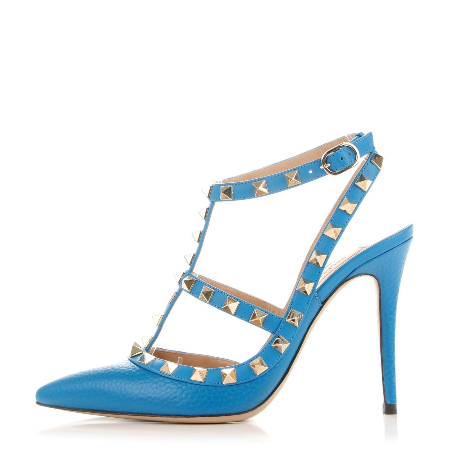 Pebbled Calfskin Rockstud Ankle Strap Pumps 36 Light Blue