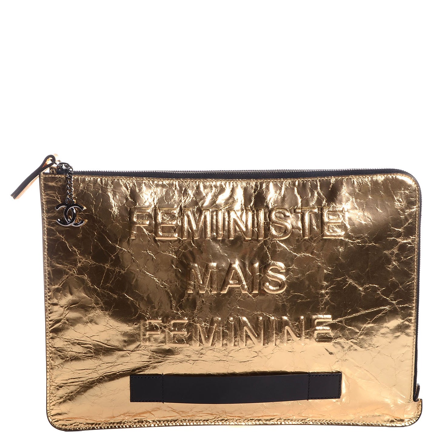 Metallic Lambskin Large Feministe Maize Feminine Pouch Clutch Gold