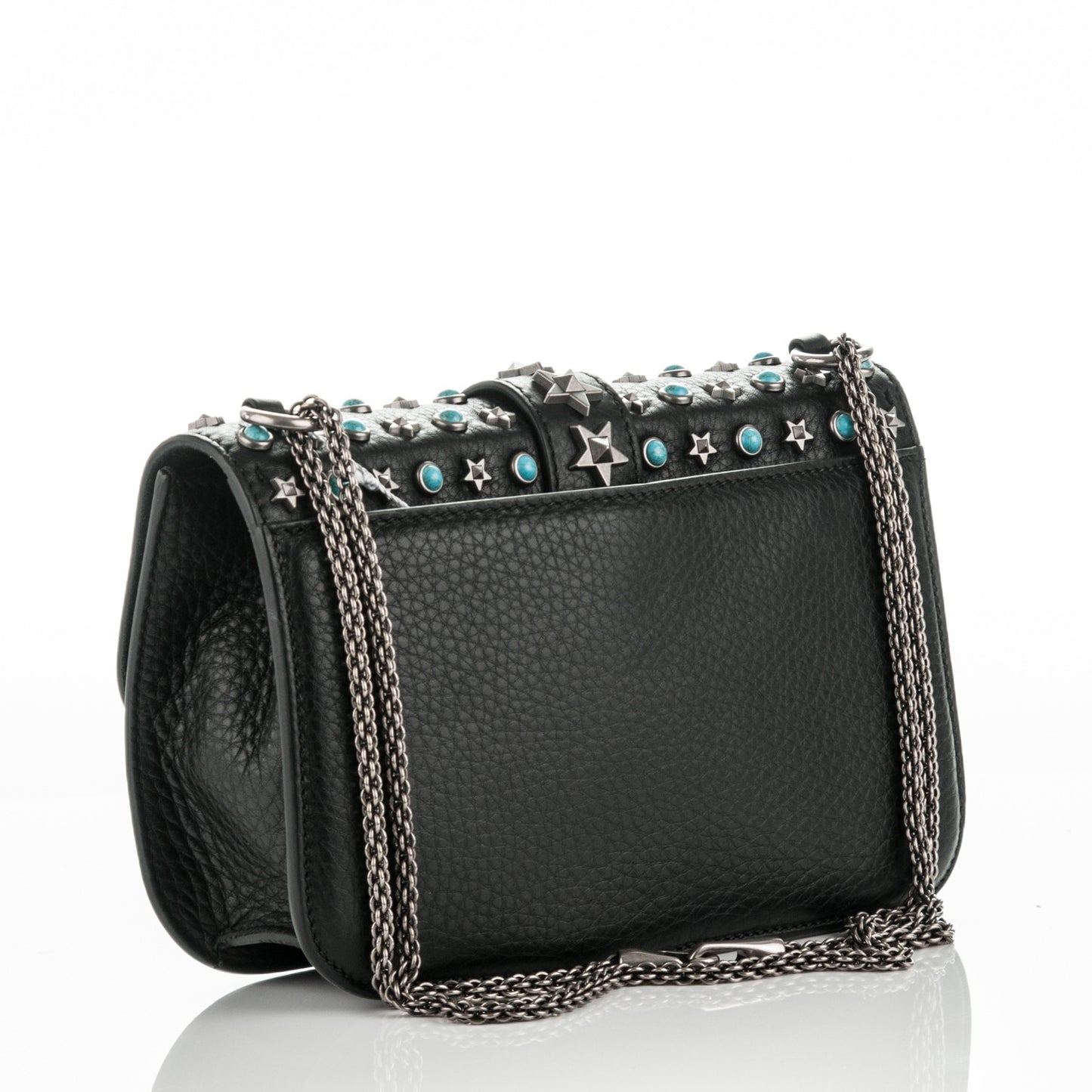 Pebbled Calfskin Star Studded Medium Lock Flap Black