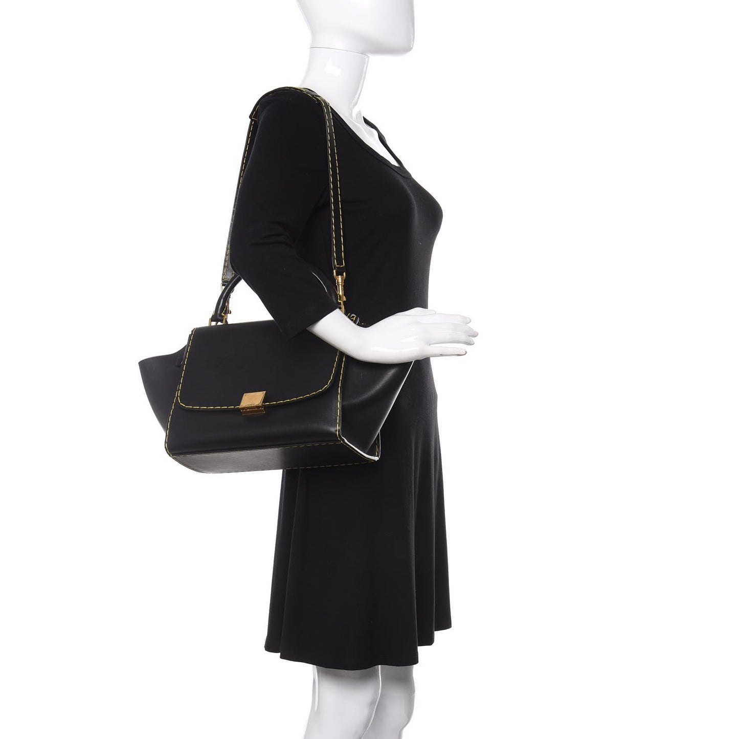 Smooth Calfskin Yellow Stitching Medium Trapeze Black