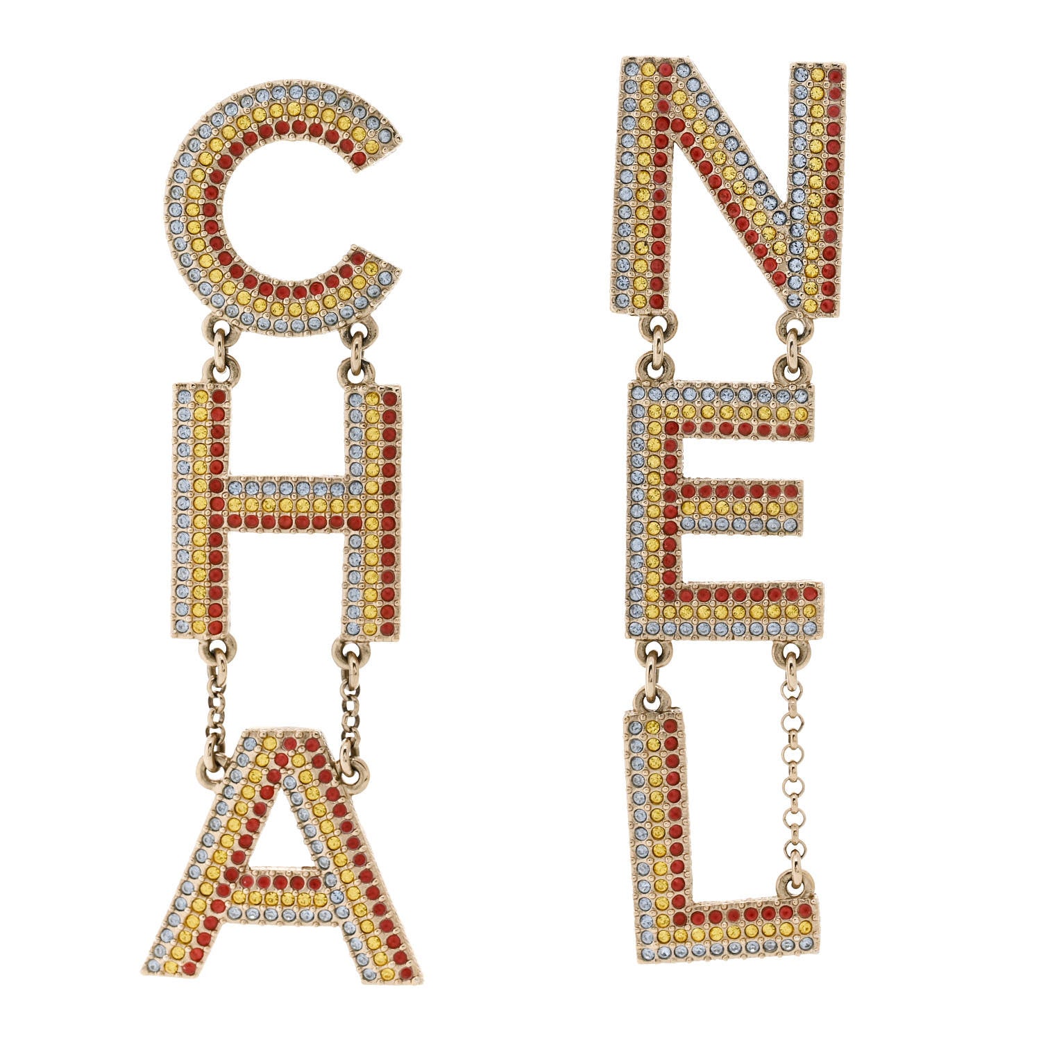 Chanel Metal Crystal Rainbow Cha-Nel Logo Drop Earrings Multicolor Gold 1 of 5